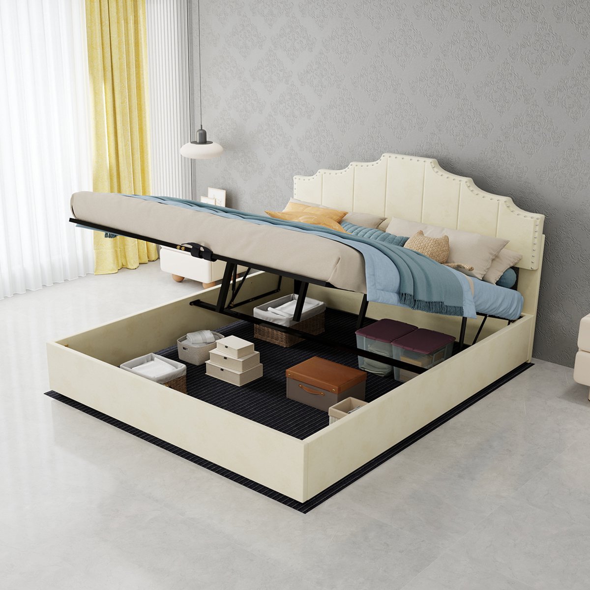 COVREO Bed 160x200 cm beige, gestoffeerd, met opbergruimte en matras