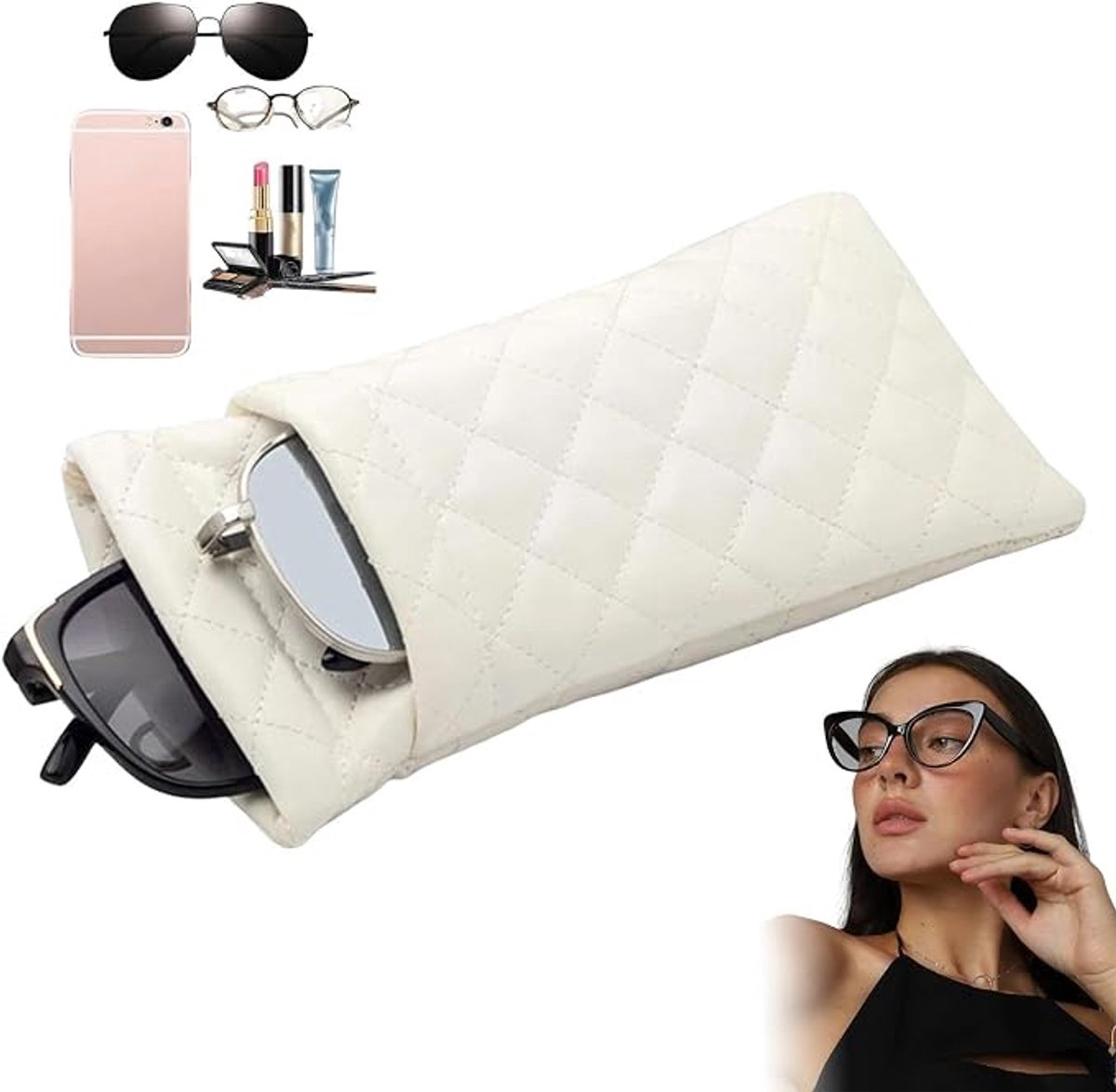 Dubbele laag bril doos -Soft bril doos -Mannen en vrouwen universele -Gepresste top zonnebril opvangtas -Reis bril opvangtas -Wit