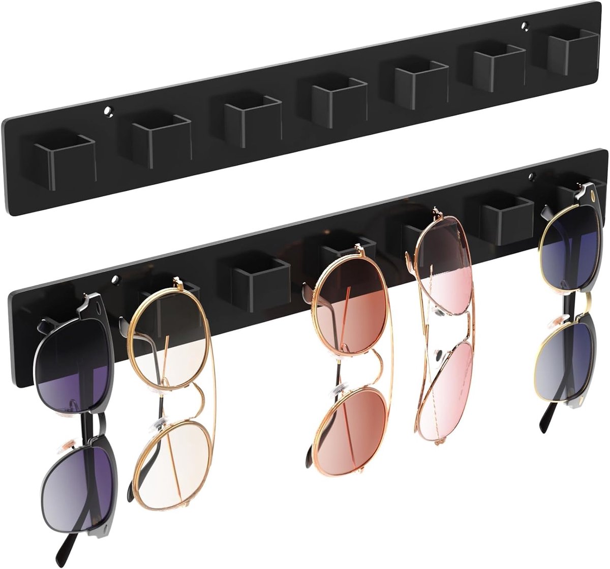 Zonnebril opvang wand, 2 stuks met acrylische bril display stand - zwarte zonnebril opvang 14 slots - zwarte wand hanger - geschikt voor kasten, kasten, deuren