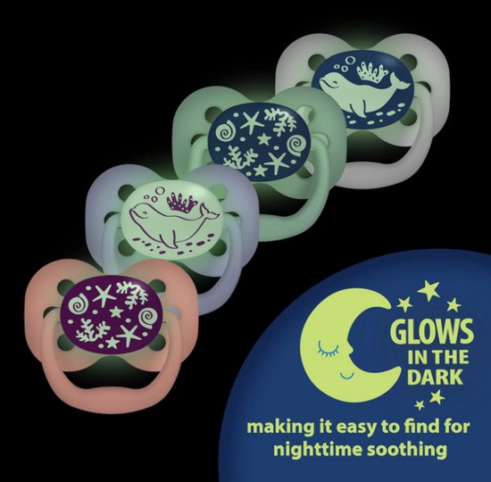 Dr. Brown's Advantage Glow-in-the-Dark Fopspenen 0-6 Maanden - 4 Stuks - 100% Siliconen Speen - BPA-vrij - Lavender Love & Coral Ocean van Dr. Brown's — afbeelding 3
