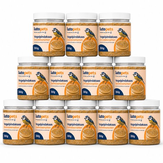 Twaalf potten vogelpindakaas met zonnebloempitten, elk 350g. Met een afbeelding van een koolmees op het etiket.