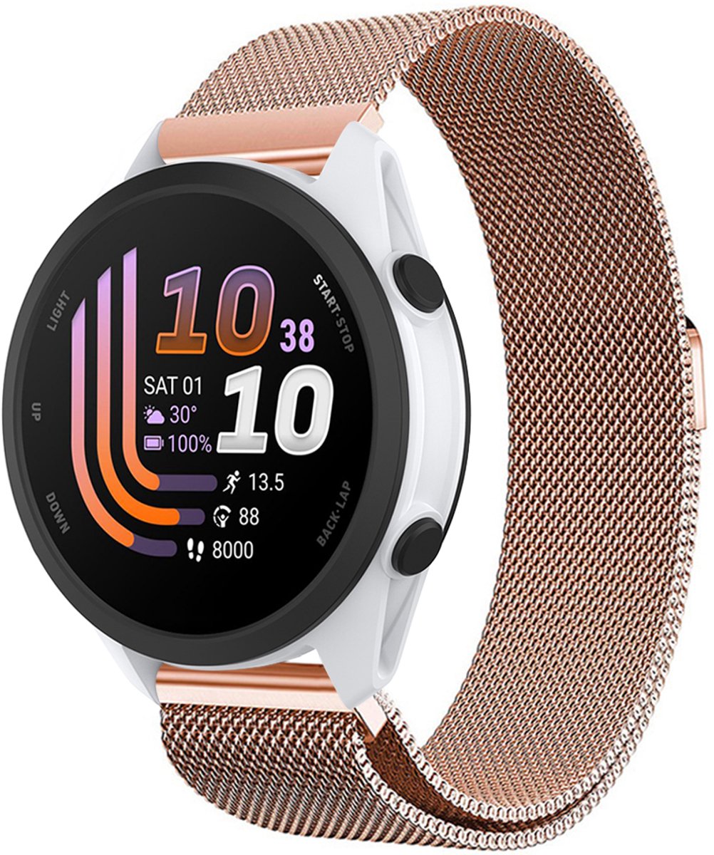 Stravo Milanees Bandje – Geschikt voor Garmin Forerunner 70 / 170 / 55 / 165 / 245, Vivoactive 6 / 5 / 3, Venu SQ 2 – Metalen Milanese Horlogebandje – Roségoud