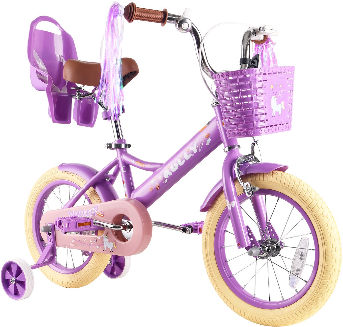 Vankel Meisjesfiets - Kinderfiets - 12/14/16 inch - Cadeau voor Meisjes - Met Poppenzitje, Mandje en Zijwieltjes - Paars