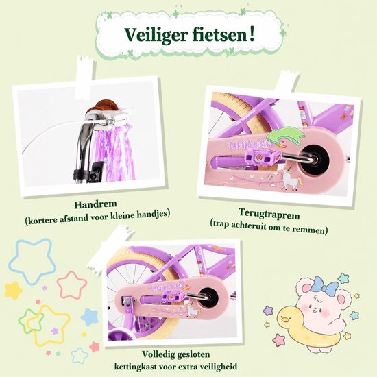 Vankel Meisjesfiets - Kinderfiets - 12/14/16 inch - Cadeau voor Meisjes - Met Poppenzitje, Mandje en Zijwieltjes - Paars van VANKEL — afbeelding 4
