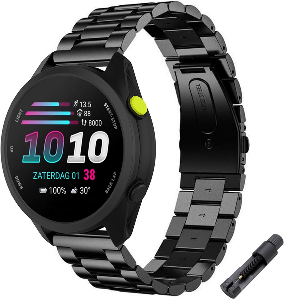Stravo RVS Schakel bandje – Geschikt voor Garmin Forerunner 70 / 170 / 55 / 165 / 245, Vivoactive 6 / 5 / 3, Venu SQ 2 – Metalen Horlogebandje – Zwart
