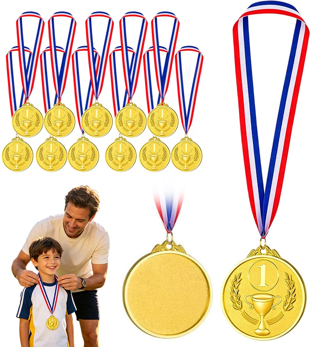 12 Stuks Medailles met Rood / Wit / Blauw Lint - Wedstrijdmedailles - Winnaars Medaille Voor Kinderen - 12x 5 cm - Zinklegering - Voor Winnaars - Voor Kinderfeestjes & Sport & Evenementen & Scholen