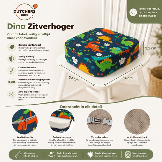 Dutchers® Stoelverhoger voor Kinderen – 8cm Verhoogkussen met Dierenprint – Zitverhoger voor Eettafel & Eetkamerstoel – Zitkussen Tafel - Peuter Stoelverhoger - Stoelkussen waterdicht – Zitverhoger voor eetkamerstoel - Veilig met Riemen - Dino — afbeelding 4