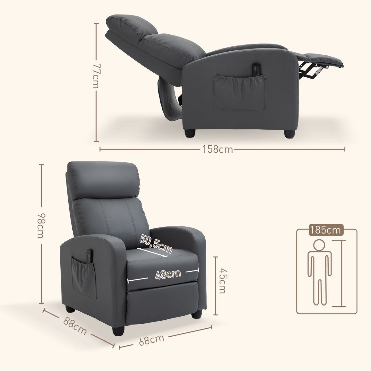 HOMCOM massage relaxfauteuil met afstandsbediening - Massagestoel, tv-fauteuil, relaxstoel - Grijs – foto 8