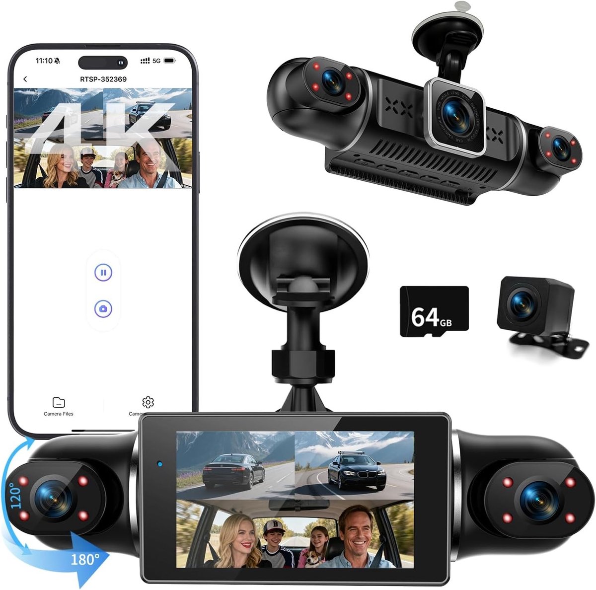 360° Dashcam Auto - Zwart - 3 inch - FHD 4K + met Nachtzicht en G-sensor - Voor Auto's
