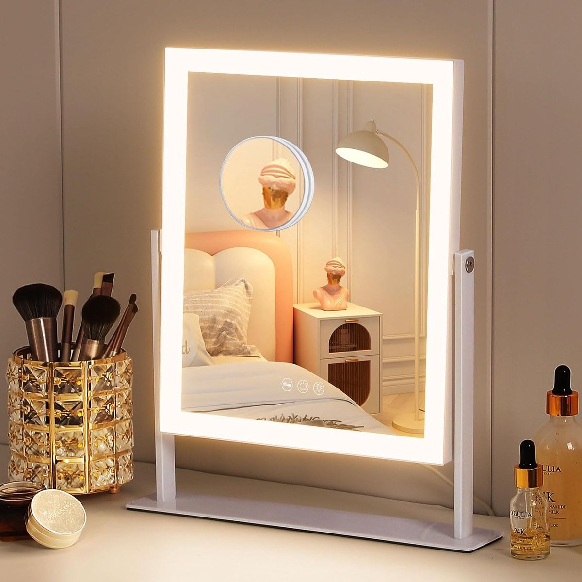 Make-up Spiegel met Verstelbare Verlichting - Wit - 25 x 30 cm - Hollywood Spiegel met Touchbediening en 10x Vergroting - Voor Make-upliefhebbers
