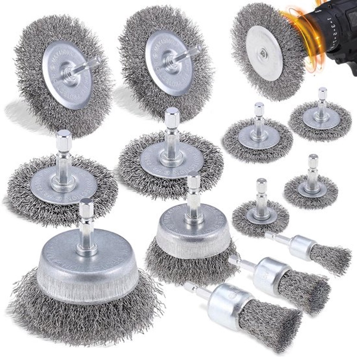 Draadborstel voor boormachine – 13-delige set – 1/4 inch draadwielborstelkopset – stalen draadborstel voor het verwijderen van roest en strippen – boormachine-accessoire