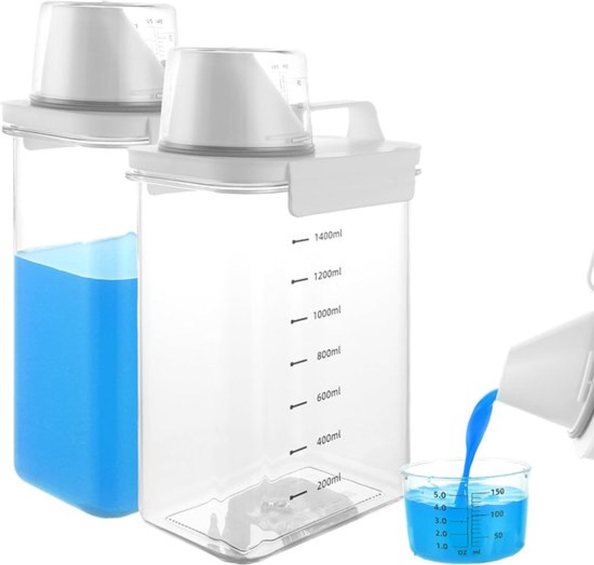 2 stuks wasmiddeldispenser - houder voor vloeibaar wasmiddel - luchtdichte wasmiddeldispenser met maatbeker - doos voor poederwasmiddel - waspoederhouder