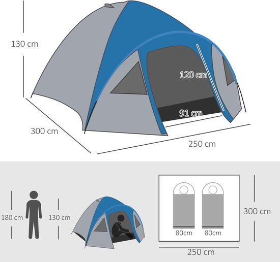 COVREO Koepeltent 300 x 250 x 130 cm blauw polyester, 4 personen, met voorruimte — afbeelding 3