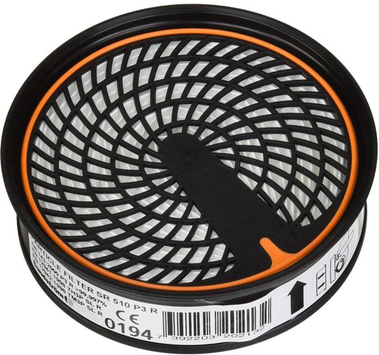 Sundström SR 510 P3 R deeltjesfilter met oranje ring en zwart rooster.