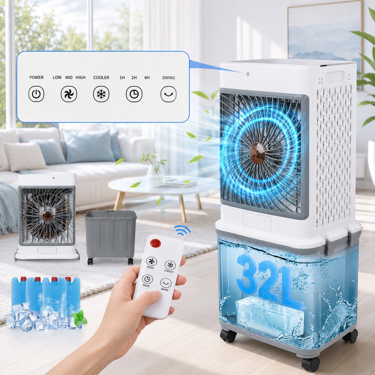 MUPOO 4-in-1 Aircooler 32L -Airco Zonder Afvoerslang- Luchtkoeler met 4 Koelelementen - Koelen, Ventileren, Bevochtigen & Aromatherapie - Stil 50 dB - Afstandsbediening voor Kantoor, Garage, Woonkamer en Slaapkamer
