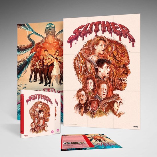 Steelbook, poster en artwork voor de film Slither, met gruwelijke wezens en een groep mensen.