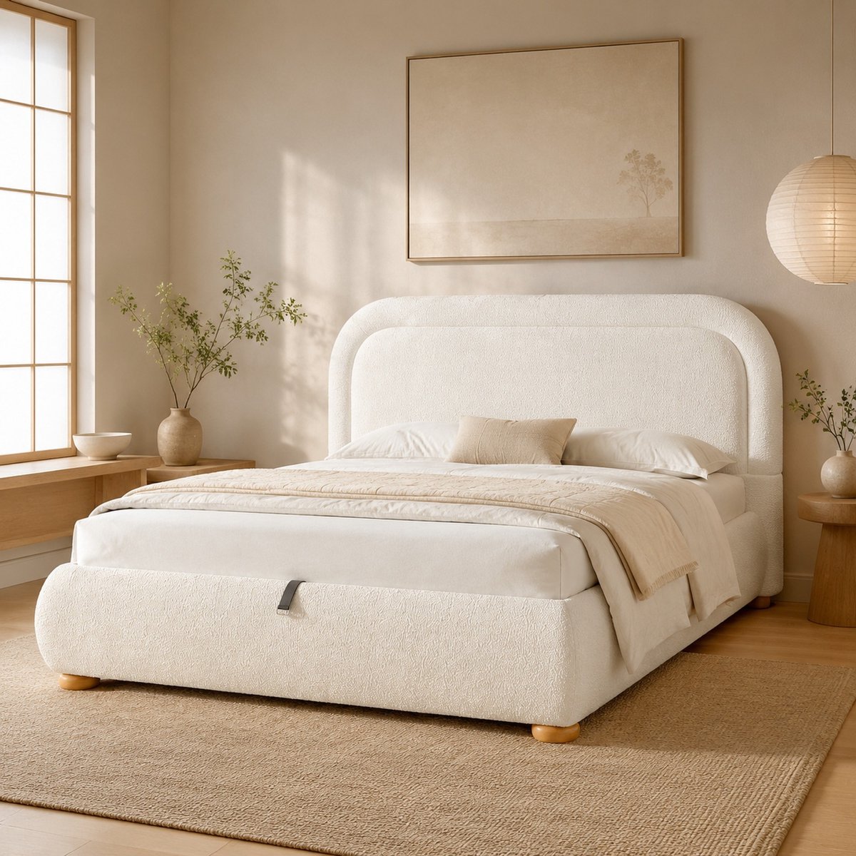 COVREO Opbergbed 160x200 cm wit, bouclé met lattenbodem en hoofdbord