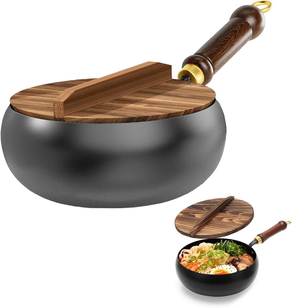 Japanse gietijzeren pan met houten deksel, 24 cm, natuurlijk antiaanbaklaag en geen chemische coating, Iron Pan, pan van gesmeed ijzer, voor inductie-, elektrische en gasfornuizen