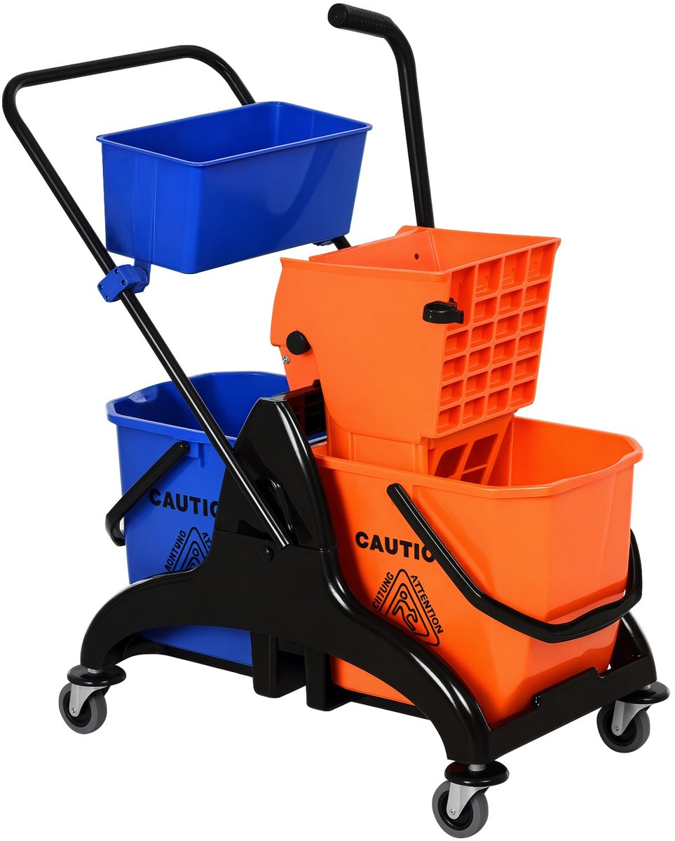 Schoonmaakwagen, professionele schoonmaakwagen, zijdelingse wringer, emmer van 26 L + opbergmand, 78 x 45 x 95 cm, oranje