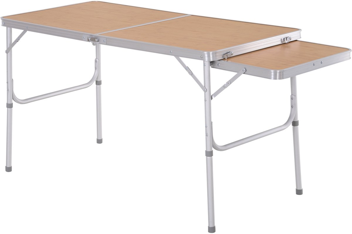 klaptafel, campingtafel, tuintafel met verlenging, in hoogte verstelbaar, aluminium, MDF, bamboe-look