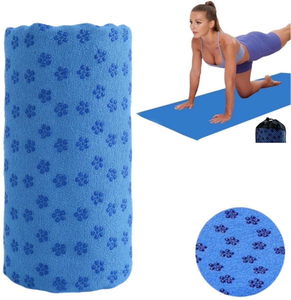 1-pack - Yogamat handdoek - Yoga hoes handdoek - Antislipmat - Sporthanddoek - Handdoekmat - Verbreed en verlengd - Met opbergtas - Sneldrogend - 183 x 63 cm - Blauw