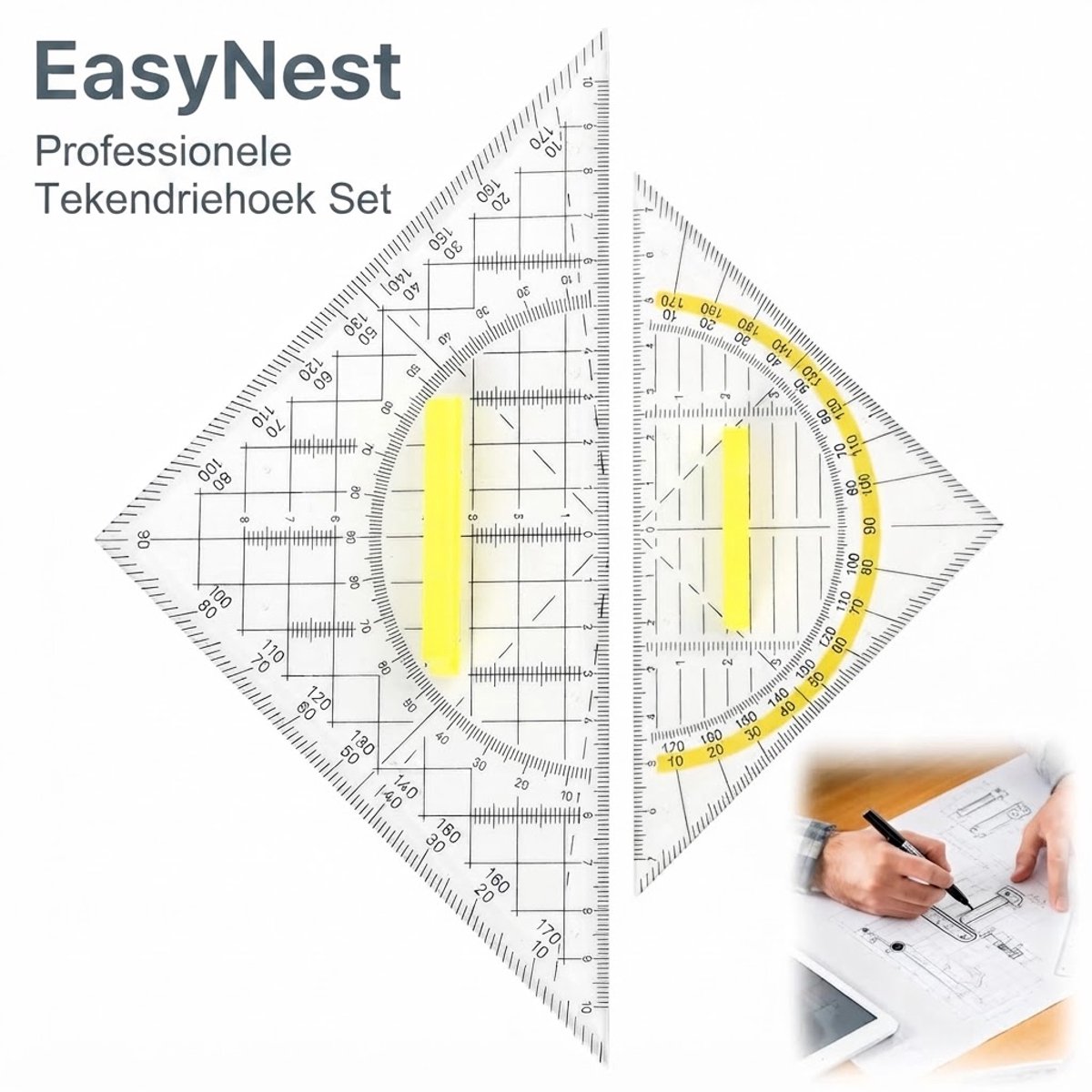 Geodriehoeken Set van 2 – 20 en 14 cm – Professionele Driehoekige Linialen met Antislip Handvat – Voor Technisch Tekenen, School en Knutselen