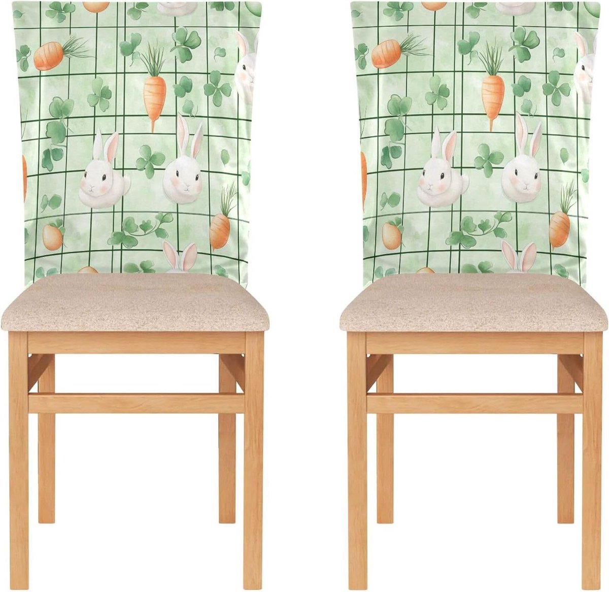 Stoelhoezen - Stoelbeschermers - Eetkamer Decoratie - Rekbaar Polyester - 50 x 60 cm - Paasdag Konijn Wortelen Eucalyptus Aquarel Eieren