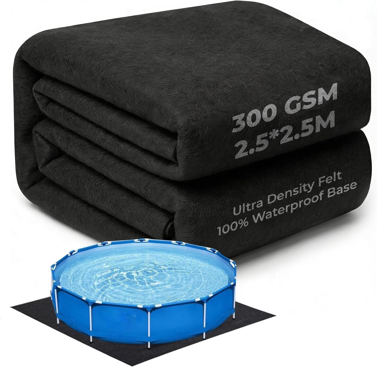 Dikke Beschermmat voor Buitenzwembaden van 300 g/m² - Waterdichte, Antislip en Snijdbare Vloermat voor Zwembadbescherming (250 cm)