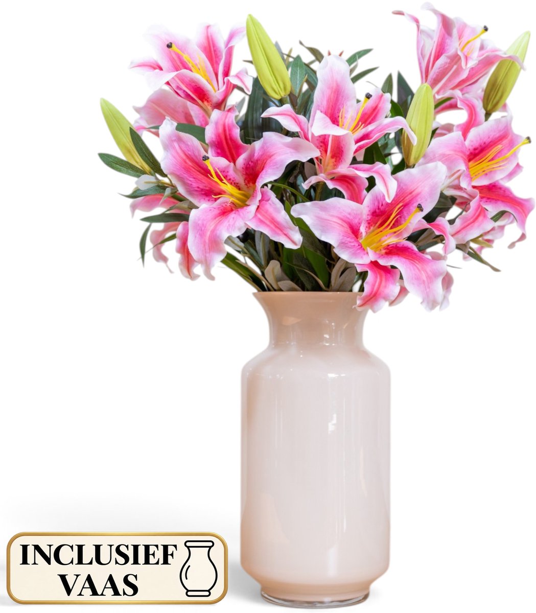 BLOOM & VESSEL Zijden Lelieboeket met Vaas – 75 cm – Boeket Tourmaline – Lelies & Olijftakken – Kunstbloemen – Nepbloemen