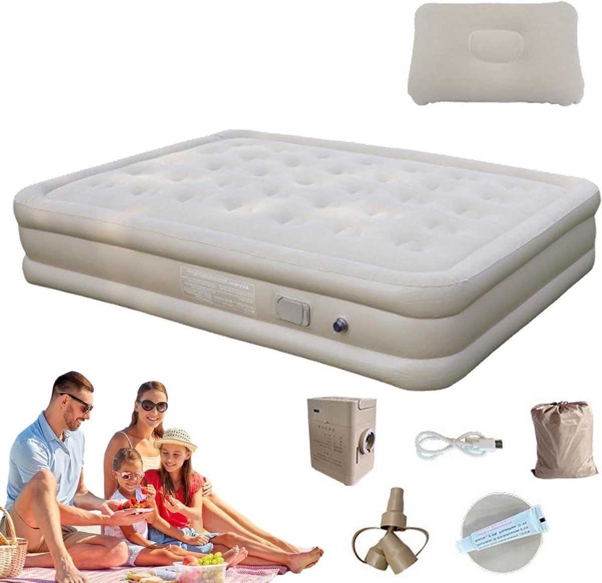 Kampeermatras - Luchtbed - Buiten slapen - Ingebouwde pomp - Verhoogd ontwerp - Beige