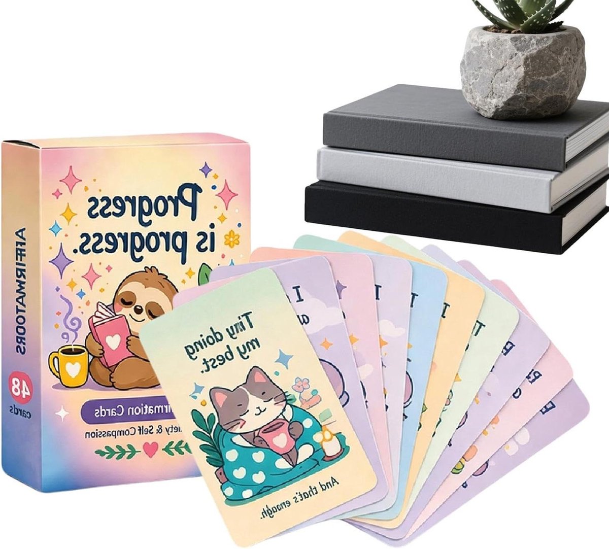Motivatie Kaarten - Affirmatiekaarten Kinderen - Mindfulness Oefenen - Schattige Dierfiguren - 48 Stuks - Luiaard