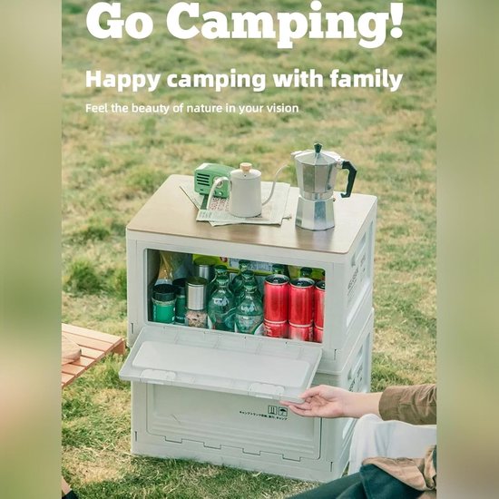 Camping Opbergbox - Opvouwbare Organizer - Buiten Leven - Met Houten Deksel - 50L - Wit — afbeelding 2