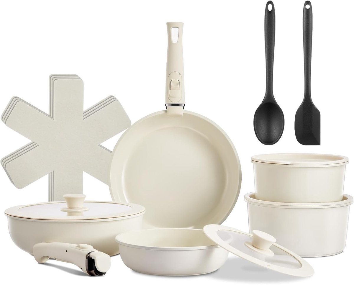 Inductie pannenset - Zilver - 20 en 26 cm - Keramische antiaanbaklaag - Compleet 17-delig kookgerei voor dagelijks gebruik