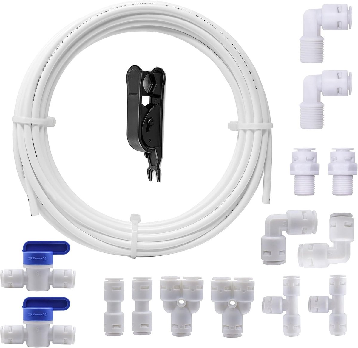 Universele 10 m wateraansluitset voor omgekeerde osmose, 14-delige filteraansluitingen voor 1/4 inch slangen, inclusief afsluitklep en Y, T, I, L types