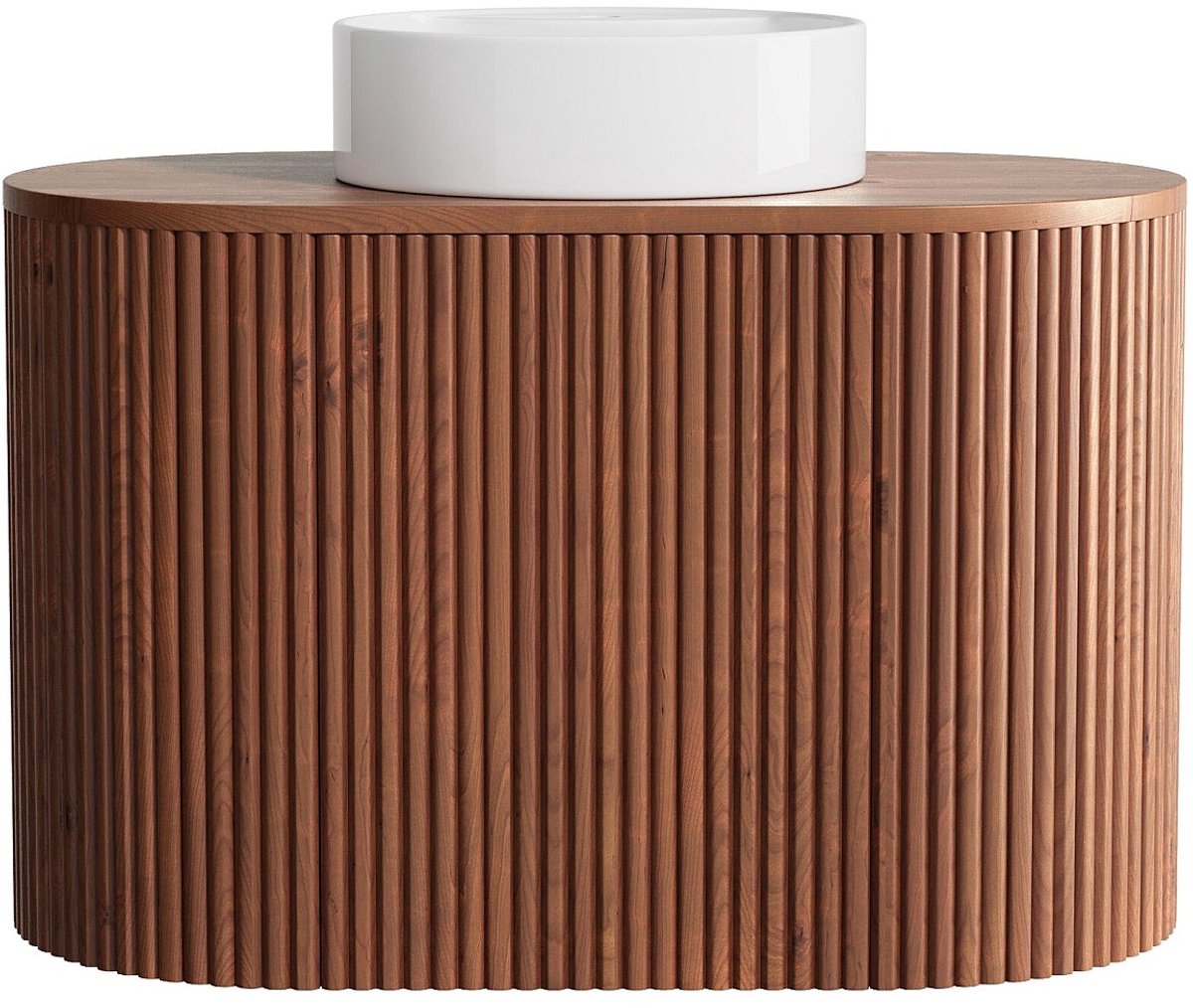 Vente-unique Zwevend teakhouten badkamermeubel met ronde opbouwwastafel - Natuurlijk donker - 90 cm - TOWARI