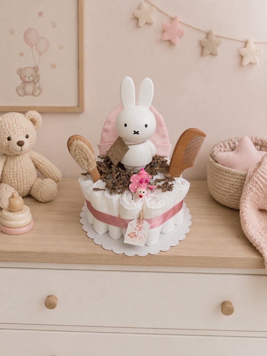 Luxe Luiertaart 29 stuks - Grote knuffel - kraamcadeau - Hawsaz.nl Cadeau - 25 luiers newborn - Babycadeau - Babygeschenkset - Babyshower - Gepersonaliseerde - Nijntje Verzorging - Baby muts -Babyset