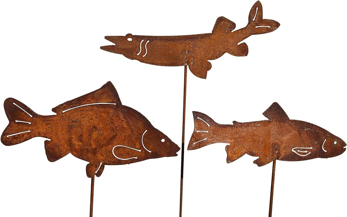 Tuinsteker set - Metalen vissen - Tuin decoratie - Handgemaakt uniek - 3 x 60 cm - Roest patina