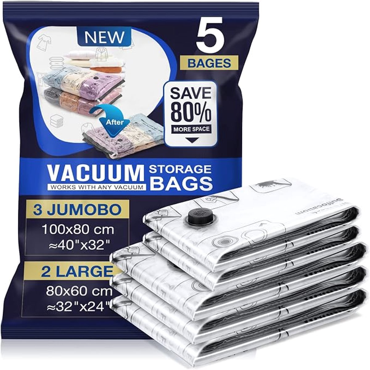 5x Vacuüm Opbergzakken voor Dekbedden en Kleding – 3 Jumbo 100 x 80 cm + 2 Large 80 x 60 cm – Herbruikbaar – Voor Reizen en Opbergen