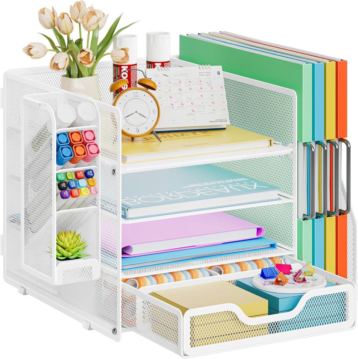 Bureau Organizer - Documentenhouder Lade - Bureau Opruimen - Metaalgaas Ontwerp - 4 Lagen - Wit