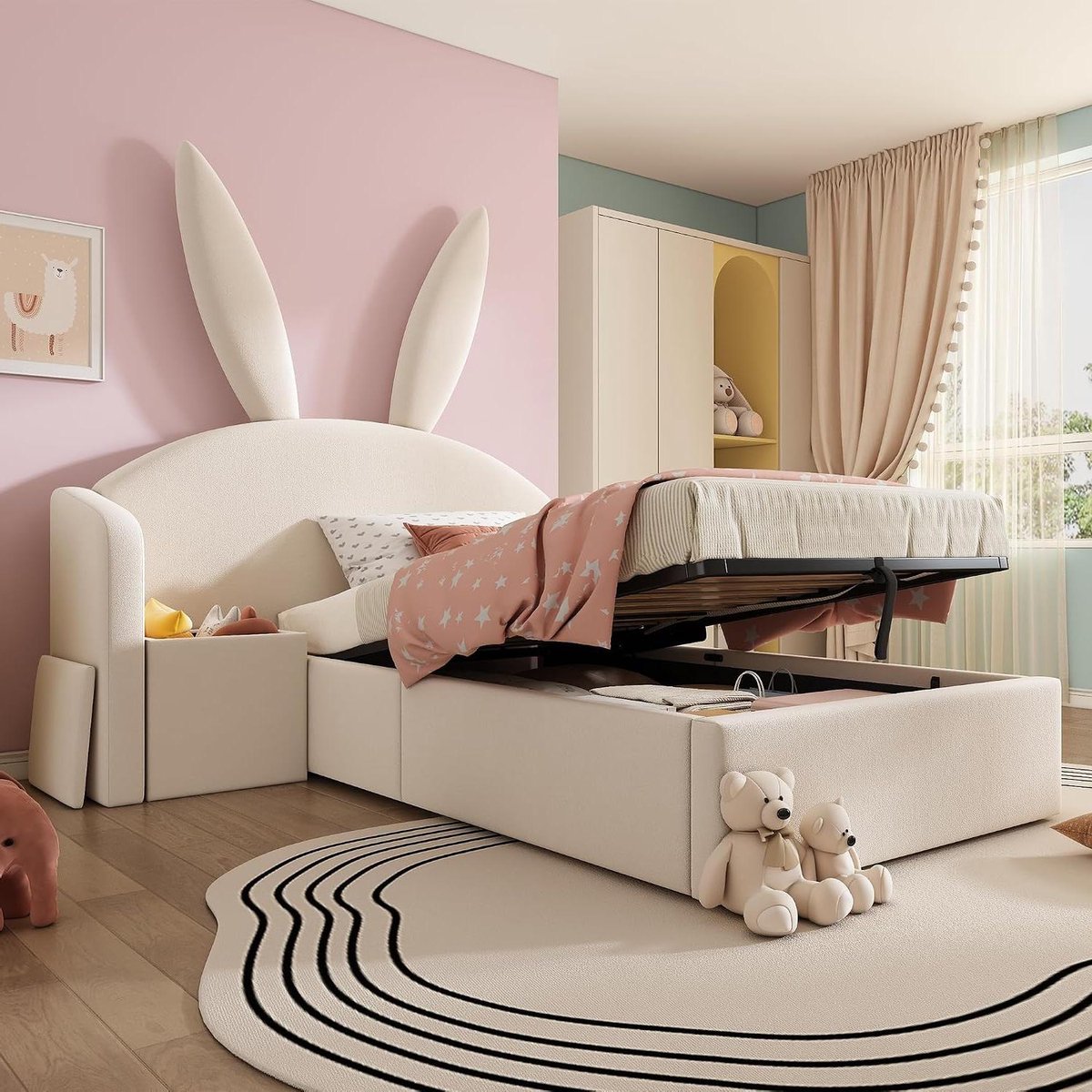 Kinderbed met Opbergruimte - Gestoffeerd Bed Eenpersoonsbed - Kinderslaapkamer Inrichten - Schattig Konijnenoren Hoofdeinde - 90x190 cm - Beige