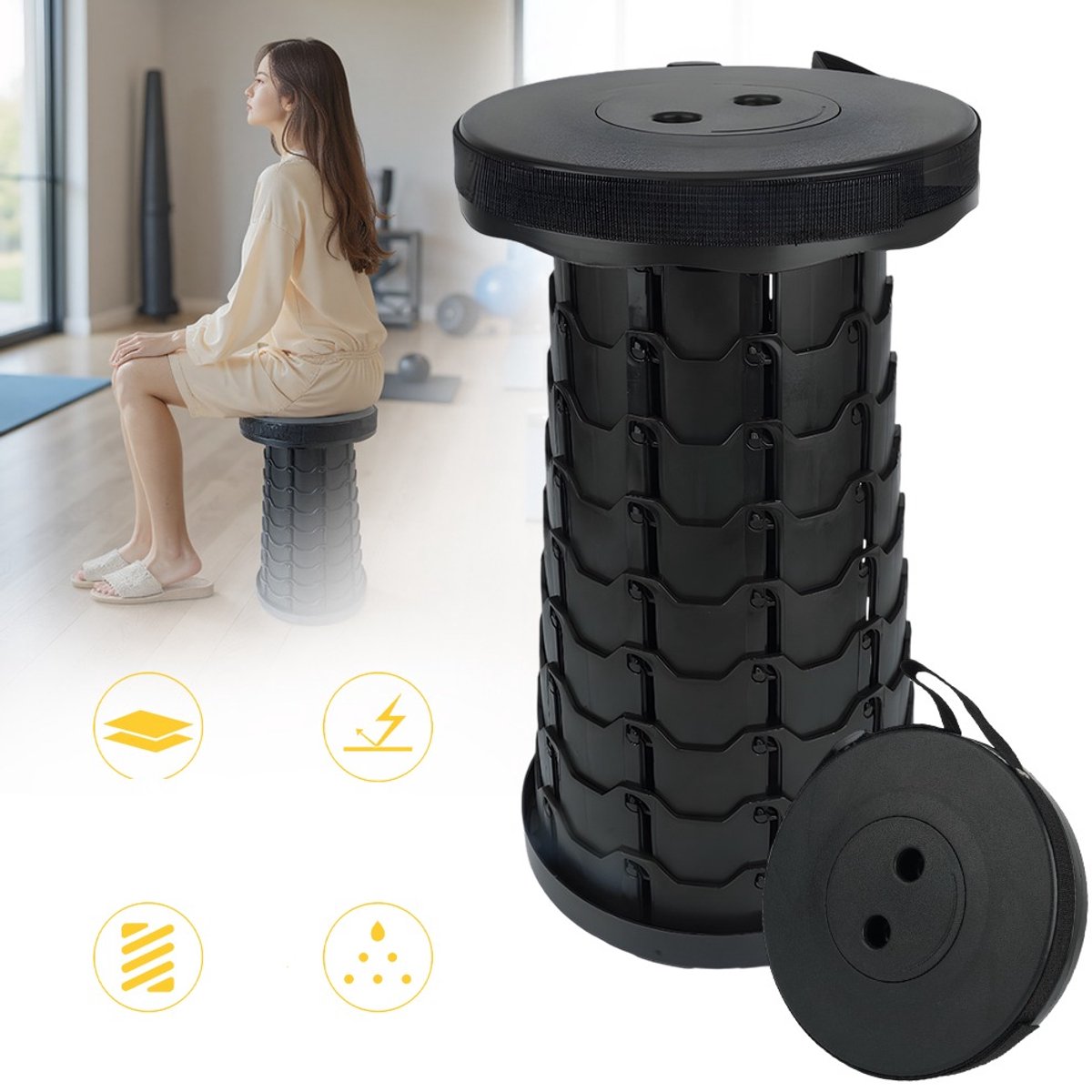 Opklapbare Kruk In Hoogte Verstelbaar - Draagvermogen 180 kg Stabiele Constructie Nylon Draagriem - Voor Vissen, Kamperen, Wandelen En Tuinieren - Zwart