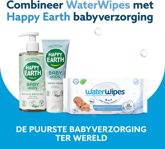 WaterWipes billendoekjes en Happy Earth babyverzorging: wash & bath gel en dierencrème.