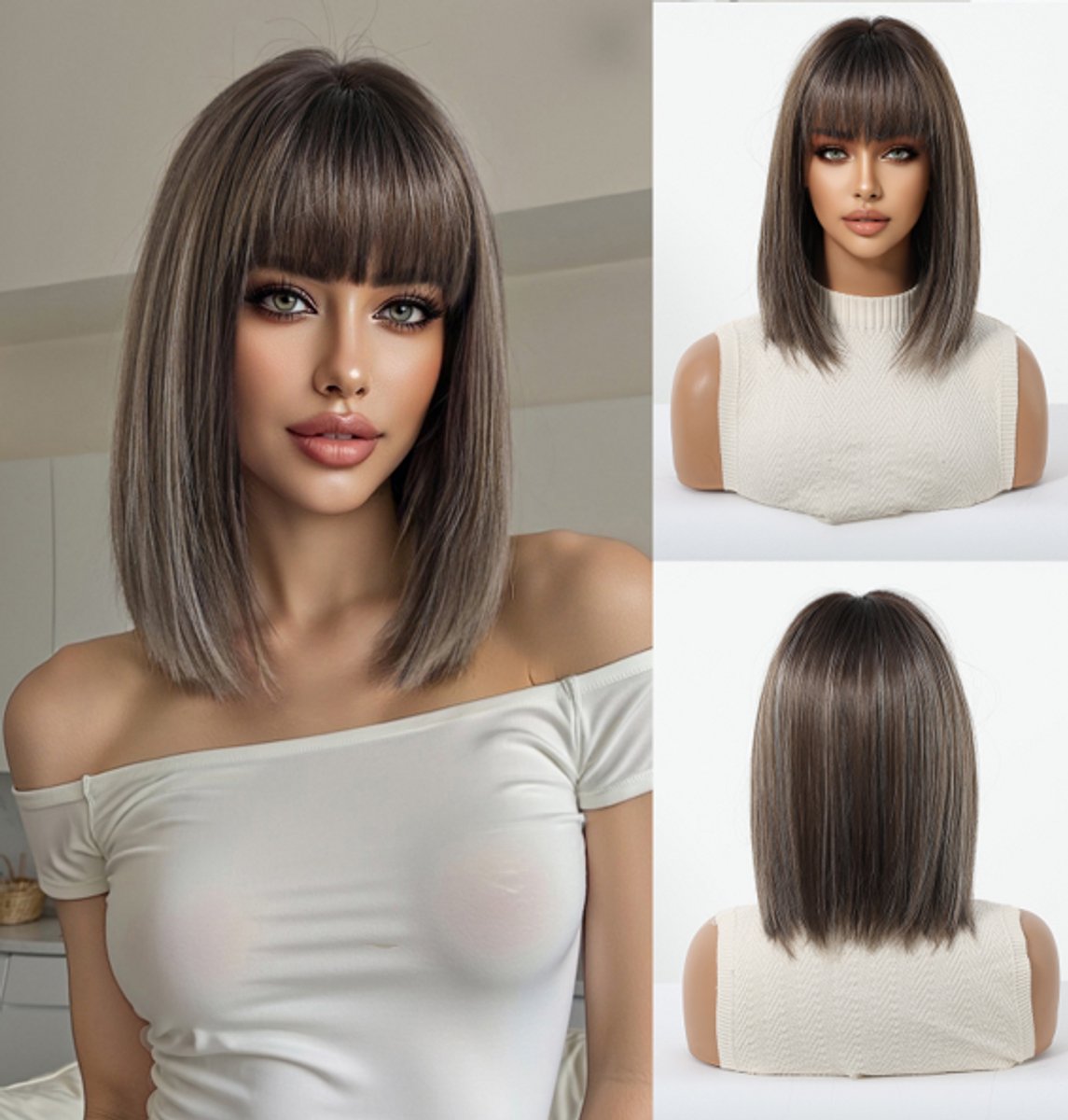 Nifkos Korte Bob Pruik met Pony – Halflang Steil Haar – Asbruin / Donkerblond met Subtiele Highlights – Hittebestendige Synthetische Vezel – Ademende & Verstelbare Cap – Dames Boblijn Wig