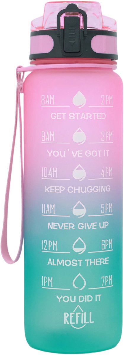 OKWISH Drinkfles – Met Tijdsaanduiding En Rietje – Lekdicht – Voor Sport En Onderweg – 32 Oz – Tritan – Roze groen