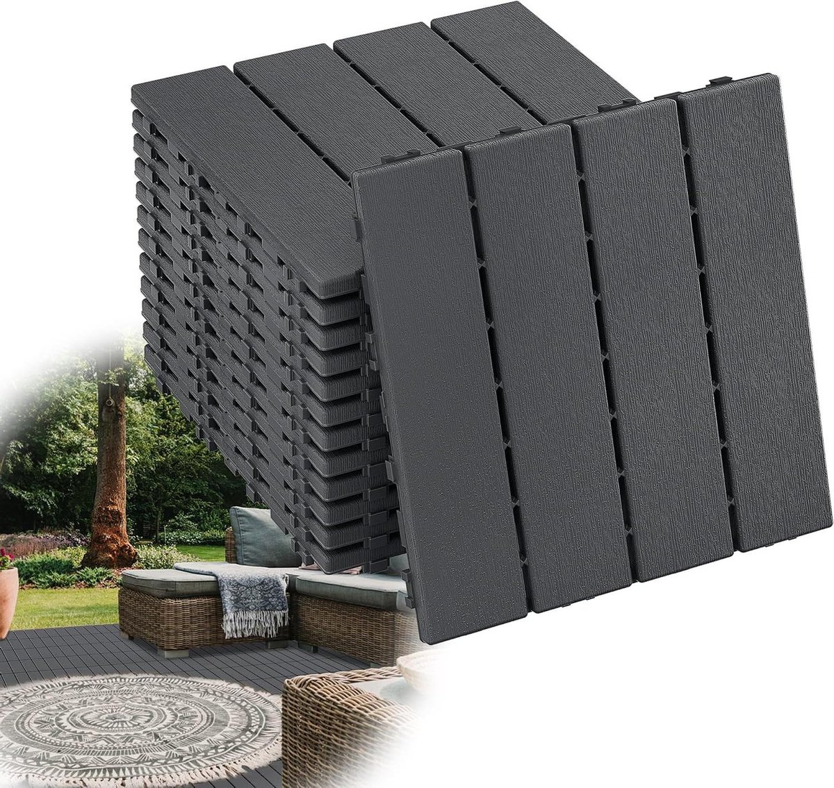 Terrastegels - Balkontegels Kliktegels - Buiten Vloer Leggen - Houtlook Ontwerp - 30 x 30 cm - Antraciet