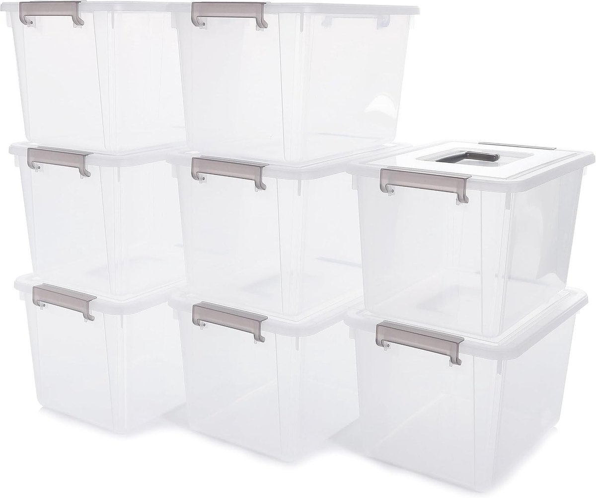 Set van 8 Opbergdozen met Deksel en Sluitclips, Handvat, Stapelbaar, Transparant voor Woonkamer, Slaapkamer en Garage, 21,3 x 14,5 x 15,5 cm, Ideaal voor Organisatie en Opslag