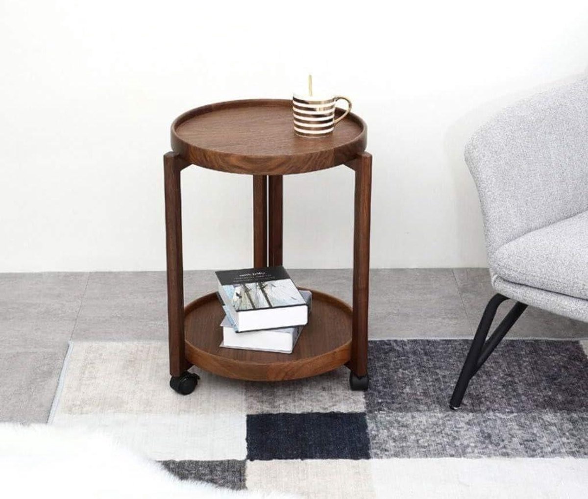 Ronde salontafel - Bijzettafel nachtkastje - Woonkamer organiseren - Dubbellaags ontwerp - 43x43x65 cm - Walnoot