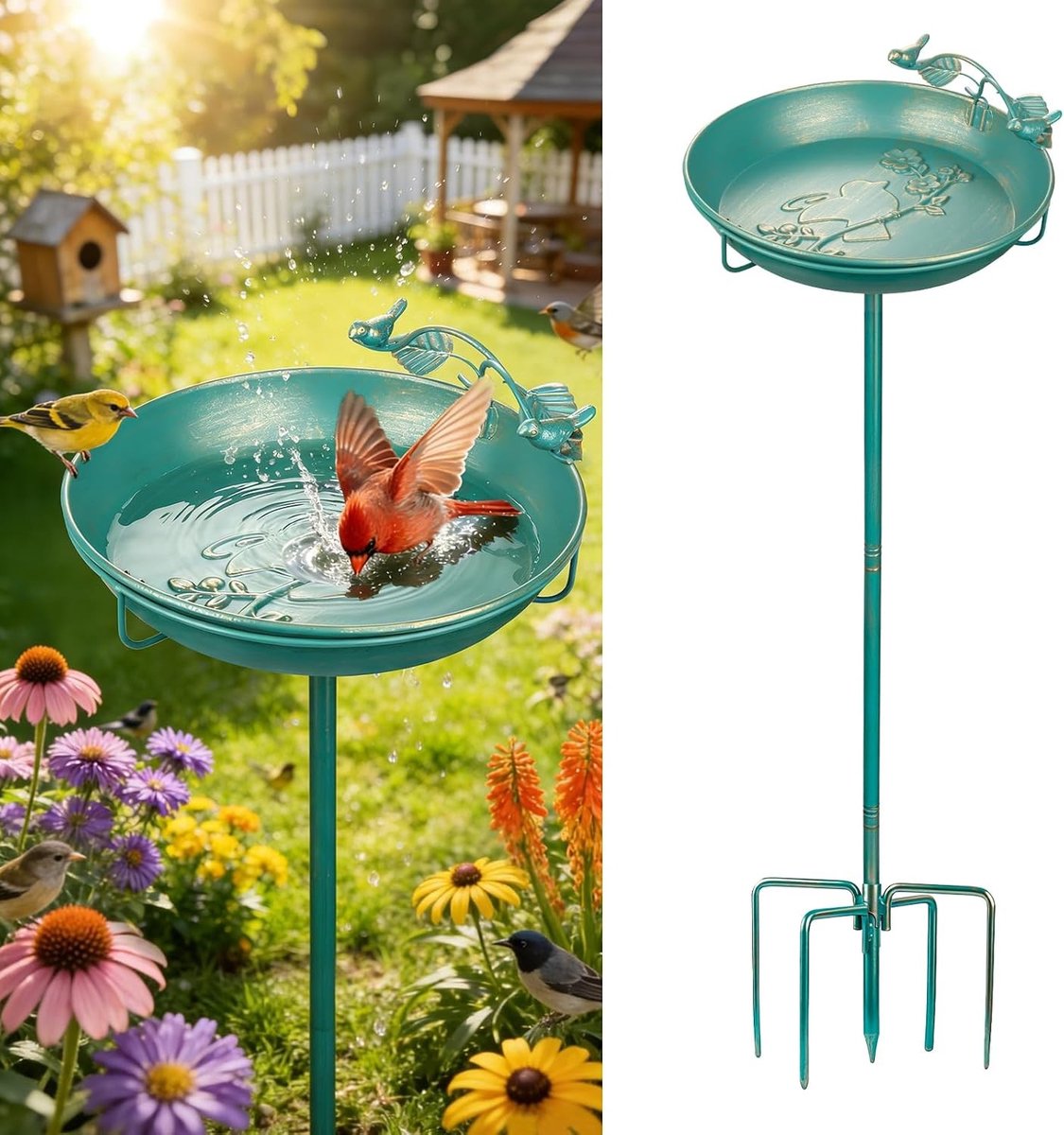 Grote vogelbad met zitperch, multifunctioneel voor de tuin, metalen vogelbad in zeeblauw met gouden decoratie, trekt diverse vogelsoorten aan, 30 cm hoog