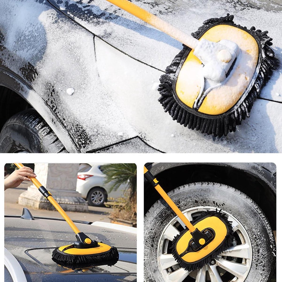 Auto Wasborstel - Auto Dweil Borstel - Auto Reinigen - Telescopisch Handvat - 500-1020mm - Zwart Geel