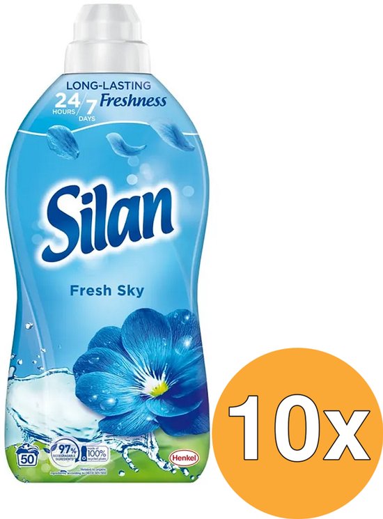 Fles Silan Wasverzachter 'Fresh Sky' met blauwe bloem en '10x 50 wasbeurten' logo.